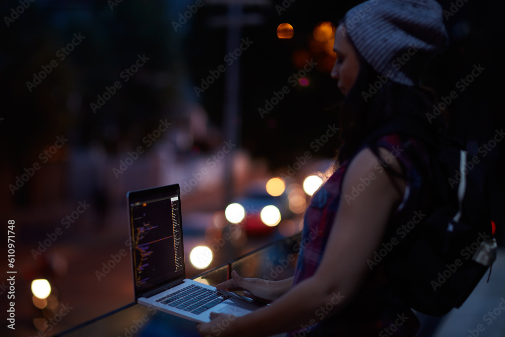 Poster Hacker, night and programming with woman and laptop for ransomware, cyber security and phishing. Coding, technology and crime with programmer typing for fraud, network system and data scam