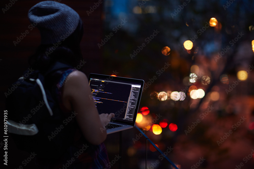 Poster Hacker, phishing and programming with person and laptop for ransomware, cyber security and digital. Coding, technology and crime with programmer typing for fraud, network system or data scam at night