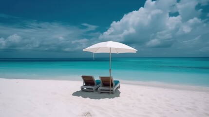 Beach loungers and umbrella on the white sand by the beautiful sea. White clouds in the sky. Summer vacation and relaxation at the sea. Generative AI