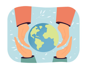 Hands protecting Earth vector illustration. People saving tiny planet with eco-friendly technologies, sustainable energy, green living lifestyle. Ecology, nature, protection concept