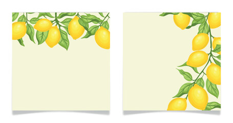 Set of square cards with lemons and green leaves