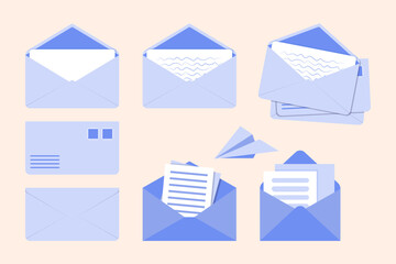 Open and closed blue envelopes vector illustrations set. Cartoon drawings of envelopes with letters, paper plane on cream background. Correspondence, communication, mail, newsletter, delivery concept
