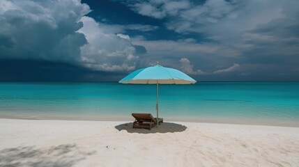Fototapeta premium Beach lounger and umbrella on the white sand by the beautiful sea, evening sunset. White clouds in the sky. Summer vacation and relaxation at the sea. Generative AI