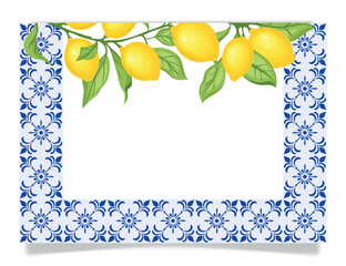 Frame with blue tiles and lemon branches, vector.