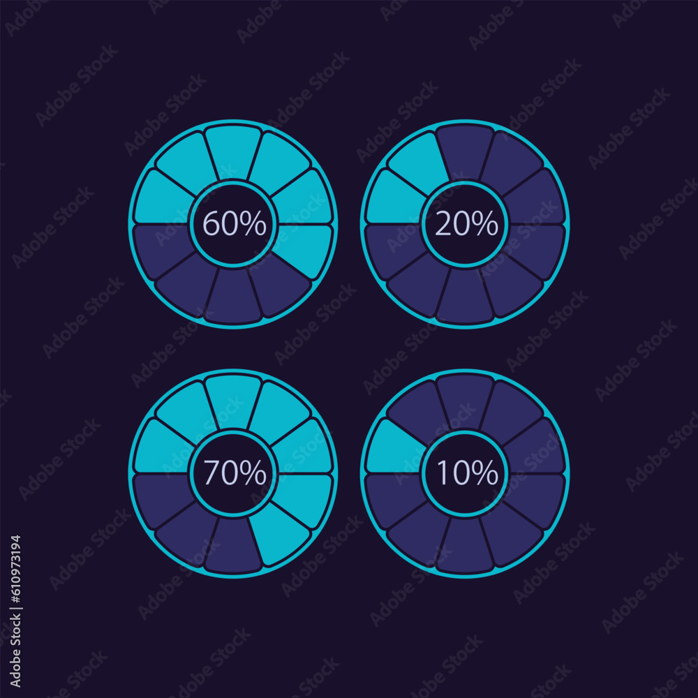 Poster fragmented circle percentage infographic chart design template set for dark theme. loading level. vi