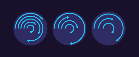 Radial arrow infographic chart design template set for dark theme. Different products performance. Tracking progress. Growth direction. Visual data presentation. Editable circular diagrams collection