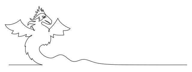 Dragon one line art,continuous contour drawing, hand-drawn mythical chinese animal outline, horoscope zodiac sign,fairy tale creature ancient dinosaur.Editable stroke.Isolated.Vector illustration