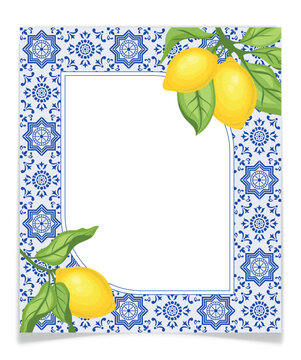 Frame with blue tiles and lemon branches, vector.