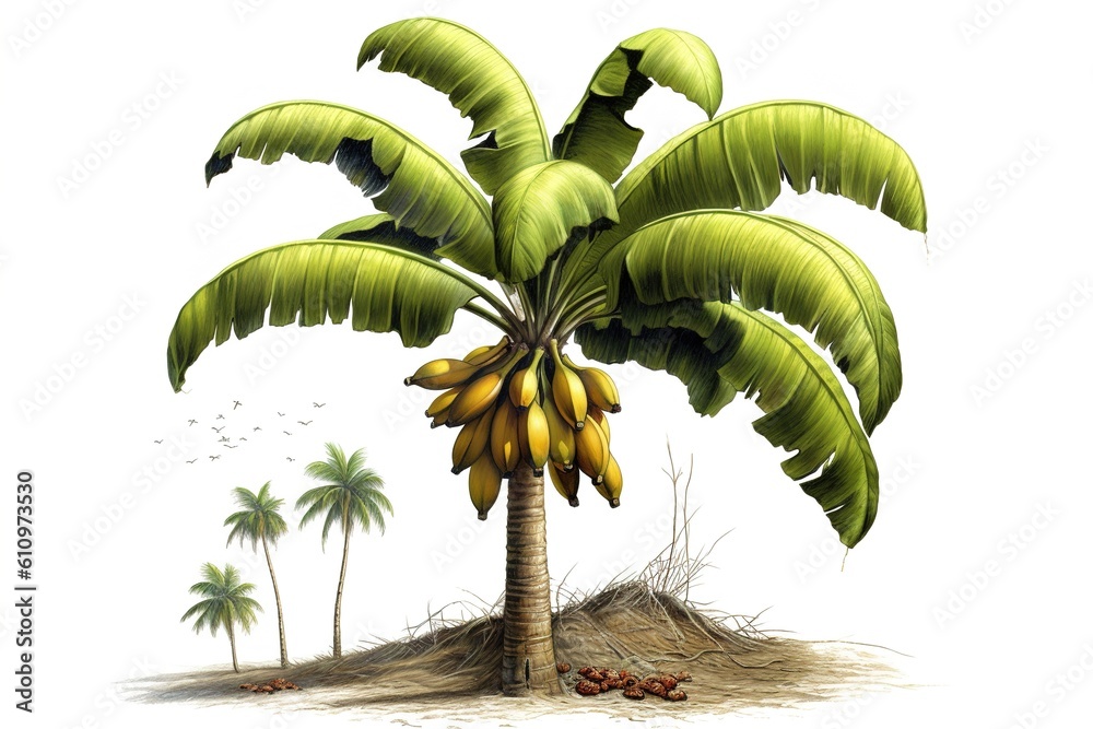 Poster banana tree isolated on white background. generated by ai.
