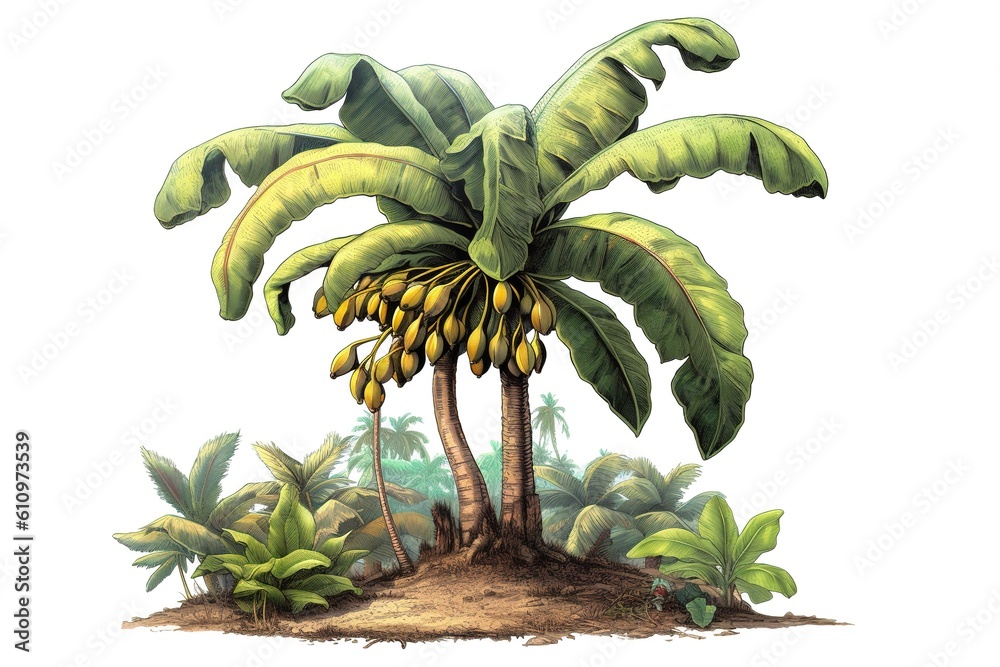 Poster banana tree isolated on white background. generated by ai.