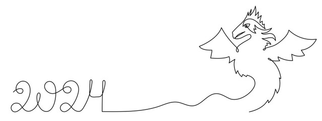 Dragon 2024 new year symbol,one line art,continuous contour drawing,hand-drawn mythical chinese animal outline,horoscope zodiac,fairy tale creature ancient dinosaur.Editable stroke.Isolated.Vector