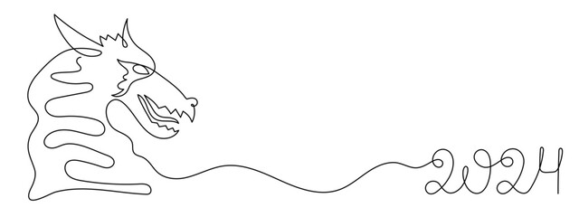 Dragon 2024 new year symbol,one line art,continuous contour drawing,hand-drawn mythical chinese animal outline,horoscope zodiac,fairy tale creature ancient dinosaur.Editable stroke.Isolated.Vector