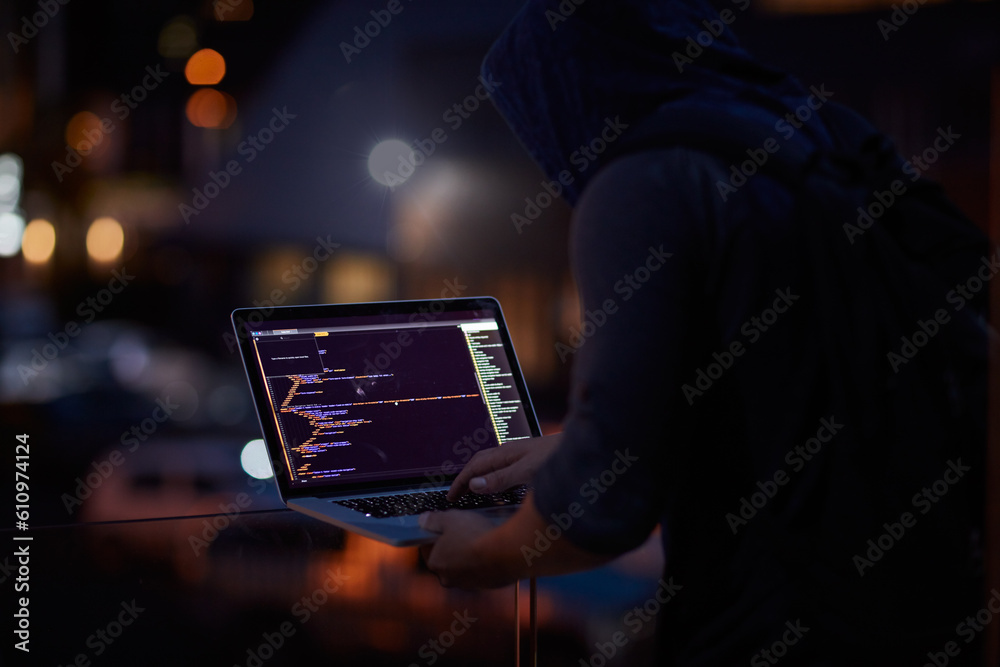 Aufkleber Hacker, ransomware and programming with person and laptop for code, cyber security and phishing. Coding, technology and crime with programmer typing for fraud, network system and data scam at night
