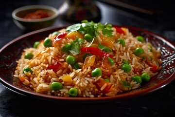 Close-up view photography of a tempting fried rice on a porcelain platter against a polished metal background. With generative AI technology