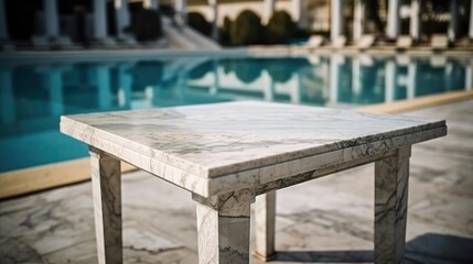 An empty marble countertop on the background of the pool. Can be used to showcase products. Summer vacation and relaxation. Generative AI