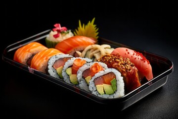 Highly detailed close-up photography of a delicious sushi on a metal tray against a polished metal background. With generative AI technology