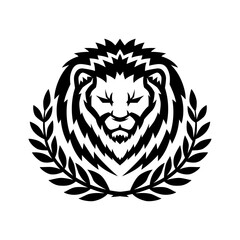 Lion with laurel wreath icon on white background.