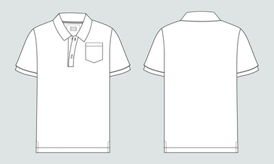 Short Sleeve polo shirt Technical drawing Fashion flat sketch vector illustration template front and back views. Basic Apparel clothing Design mock up polo tee 