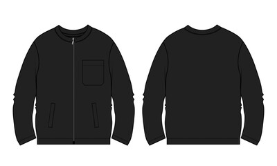 Long sleeve sweatshirt technical fashion flat sketch vector illustration Black Color template front and back views.
