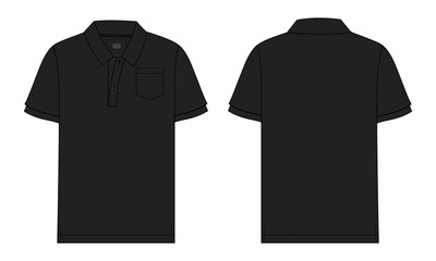 Short Sleeve polo shirt Technical drawing Fashion flat sketch vector illustration black color template front and back views. Basic Apparel clothing Design mock up polo tee 