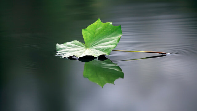 Lotus leaf on the water surface with reflection. Generative AI.