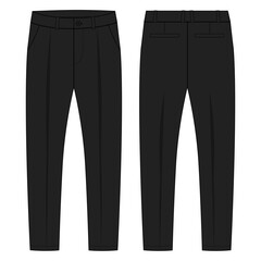 Trouser pants technical drawing fashion flat sketch vector illustration black color template front and back views isolated on white background. 