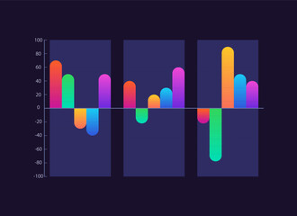 Waterfall infographic chart design template for dark theme. Indicators changing. Profit values. Infochart with vertical bar graphs. Visual data presentation. Myriad Pro-Bold, Regular fonts used