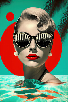 Summer vibes. Beautiful woman with red lips wearing trendy sunglasses in swimming pool. Generative AI