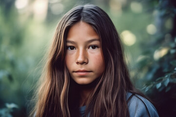 Fototapeta premium Young girl with long hair standing in a forest. Generative AI.