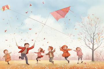 Illustration Children playing with kites in the meadow