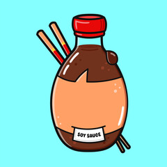 Bottle of soy sauce. Vector hand drawn cartoon kawaii character illustration icon. Isolated on blue background. Bottle of soy sauce character concept