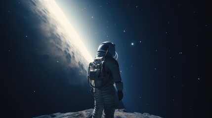 Fototapeta na wymiar Astronaut exploring alien worlds in deep space