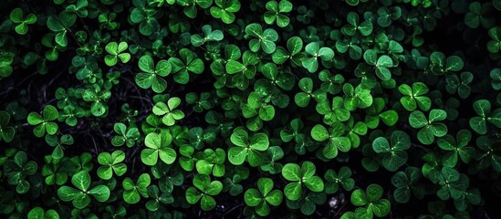 Horizontal background made of clover. Generative AI is an illutration. Green panoramic background.