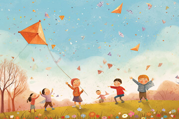Illustration Children playing with kites in the meadow