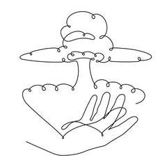 Hand holds nuclear blast one line art, hand-drawn radiation mushroom, world catastrophe. Dangerous explosion warhead,detonation of military weapons.Editable stroke.Vector illustration
