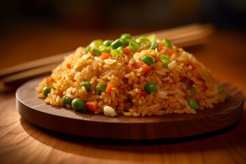 Fototapeta na wymiar Close-up view photography of a tempting fried rice on a wooden board against a kraft paper background. With generative AI technology