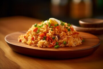 Close-up view photography of a tempting fried rice on a wooden board against a kraft paper background. With generative AI technology