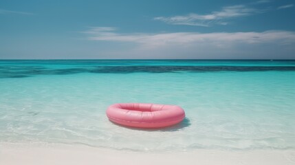 Obraz na płótnie Canvas Floating pink inflatable circle on the seashore, top view. Sea waves near the shore. Summer vacation and relaxation by the sea. Generative AI