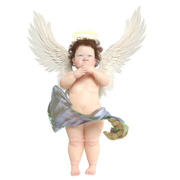 A 3d Rendered Overlay From An Adorable Cherubim, A Cute Little Angle With White Wings A Halo And A Airy Fabric As A Png Image. HWWO Stock