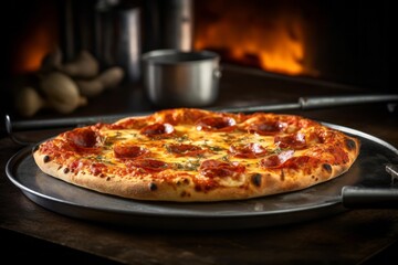 Macro view photography of a tempting pizza on a metal tray against an aged metal background. With generative AI technology