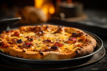 Macro view photography of a tempting pizza on a metal tray against an aged metal background. With...