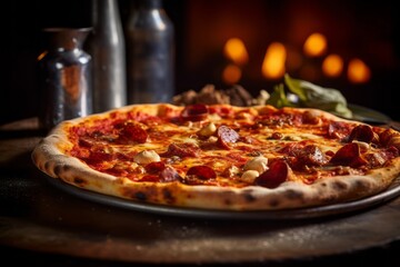 Highly detailed close-up photography of an exquisite pizza on a porcelain platter against an aged metal background. With generative AI technology