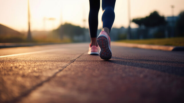 A womans legs walking on a road close up a running track.