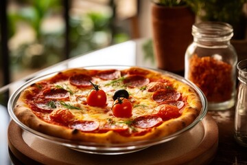 Detailed close-up photography of a tempting pizza in a glass bowl against a sandstone background. With generative AI technology