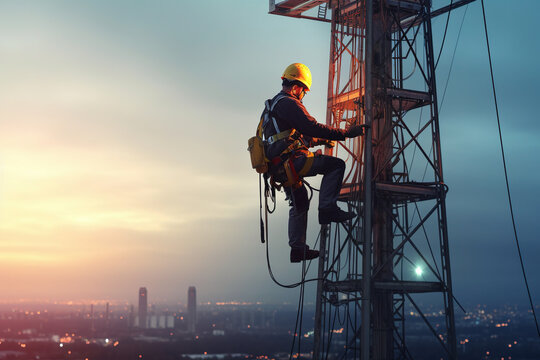 Construction Engineer Worker At Heights,architecture Sci-fi Construction Working Platform On Top Of Building, Suspended Cables, Fall Protection And Scaffolding Installation.