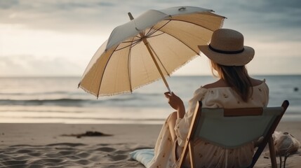 Fototapeta na wymiar A woman is sitting on a sunbed under a beach umbrella on the seashore on white sand. Summer vacation by the sea. Generative AI