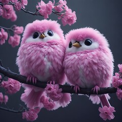 A pink flowers blooming tree, two super cute fluffy birds standing on a branch full of flowers and smiling happily, generative AI