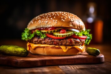 Close-up view photography of a tasty burguer on a wooden board against a natural brick background. With generative AI technology