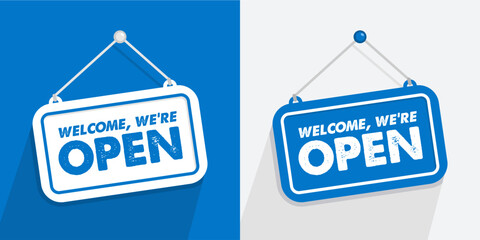 come in we're open shop sign in blue color isolated on realistic background, realistic design template illustration