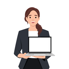 Young businesswoman showing new laptop . Person holding wireless digital computer. Female character design illustration. Flat vector illustration isolated on white background